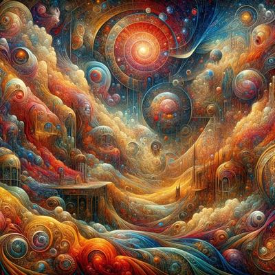 The primary subject of the image is a painting featuring a colorful and intricate design. The setting is a cloudy sky, and the visual style is a combination of digital art and illustration. The colors and mood of the painting are vibrant and lively, with a focus on the artistic elements and patterns.